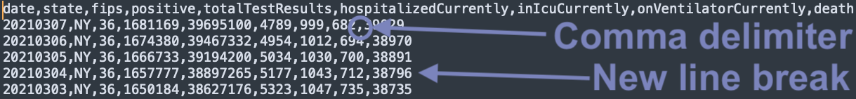 A CSV file viewed in a text editor