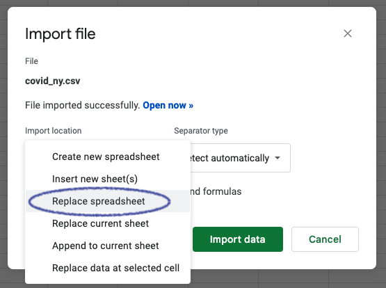 Google Sheet import dialogue